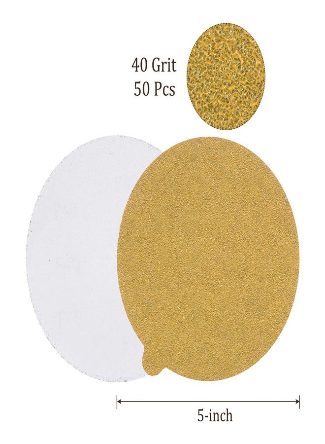 Kozelo 50pcs PSA Sanding Discs - [5 Inch x 40 Grit] Non-Hole Self Adhesive Sticky-Back Gold Sandpaper Discs with Tab for Automotive Car Paint Use, Aluminum Oxide, Round - Image 2