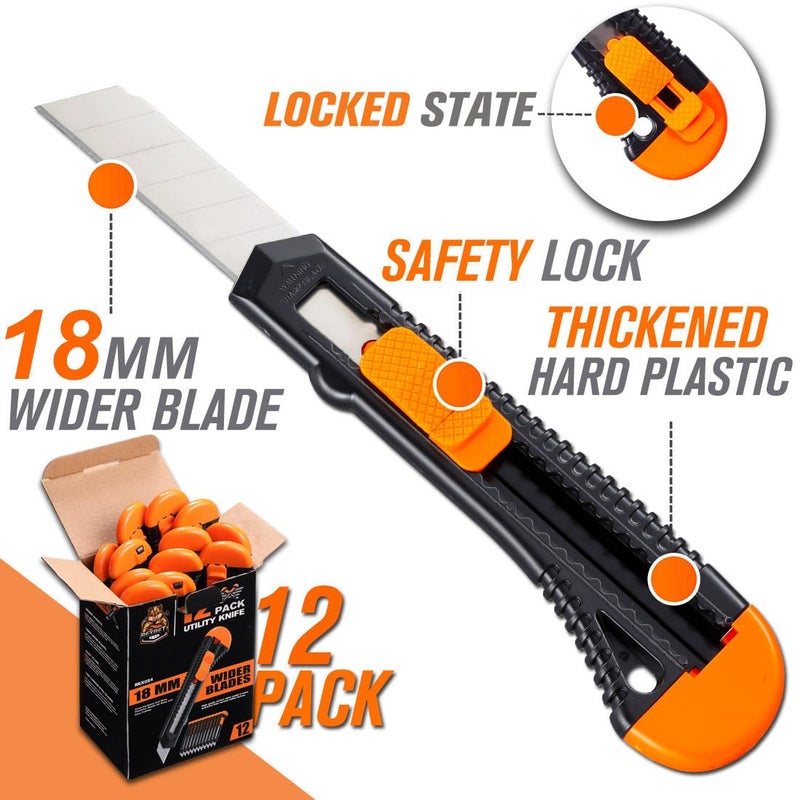 REXBETI REXBETI 12-Pack Utility Knife, Retractable Box Cutter for Cartons, Cardboard and Boxes, 18mm Wider Razor Sharp Blade, Smooth Mechanism, Perfect for Office and Home use  - Image 2