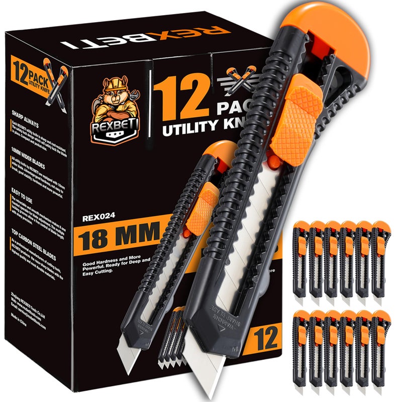 REXBETI REXBETI 12-Pack Utility Knife, Retractable Box Cutter for Cartons, Cardboard and Boxes, 18mm Wider Razor Sharp Blade, Smooth Mechanism, Perfect for Office and Home use  - Image 1