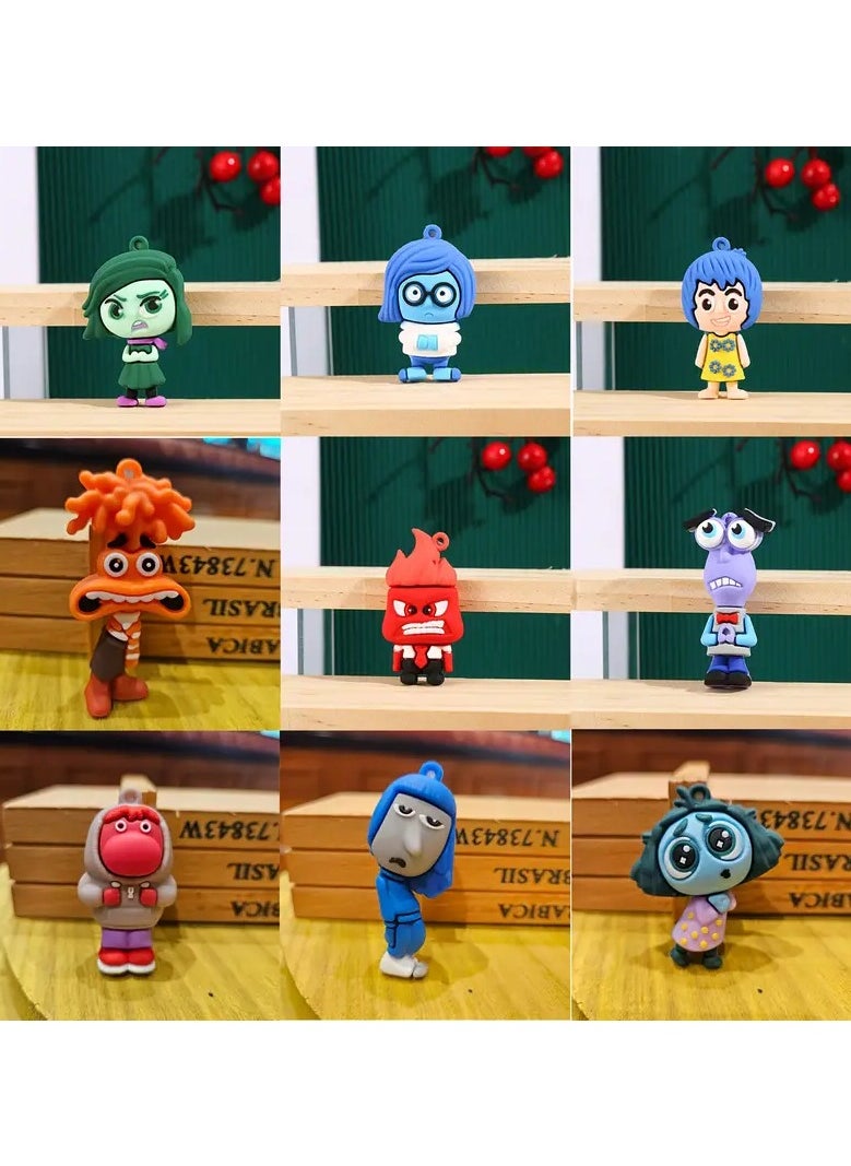 9 Assorted Inside Out Emotion Characters Silicone Set with Joy Fear Anger and Sadness Character Pendant Perfect for Collection Decoration Office or Bed Ornament Can be Used as Keychain for Home Car or Office Keys or Can be Hanged and Clipped on Bag Zippers Can be a Special Souvenir Gift for Your Loved Ones or Those Who Love the Movie Does Not Require Power and is Washable
