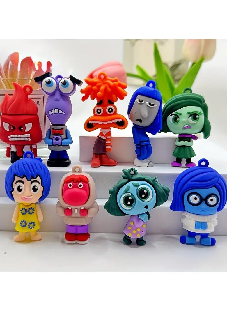 9 Assorted Inside Out Emotion Characters Silicone Set with Joy Fear Anger and Sadness Character Pendant Perfect for Collection Decoration Office or Bed Ornament Can be Used as Keychain for Home Car or Office Keys or Can be Hanged and Clipped on Bag Zippers Can be a Special Souvenir Gift for Your Loved Ones or Those Who Love the Movie Does Not Require Power and is Washable