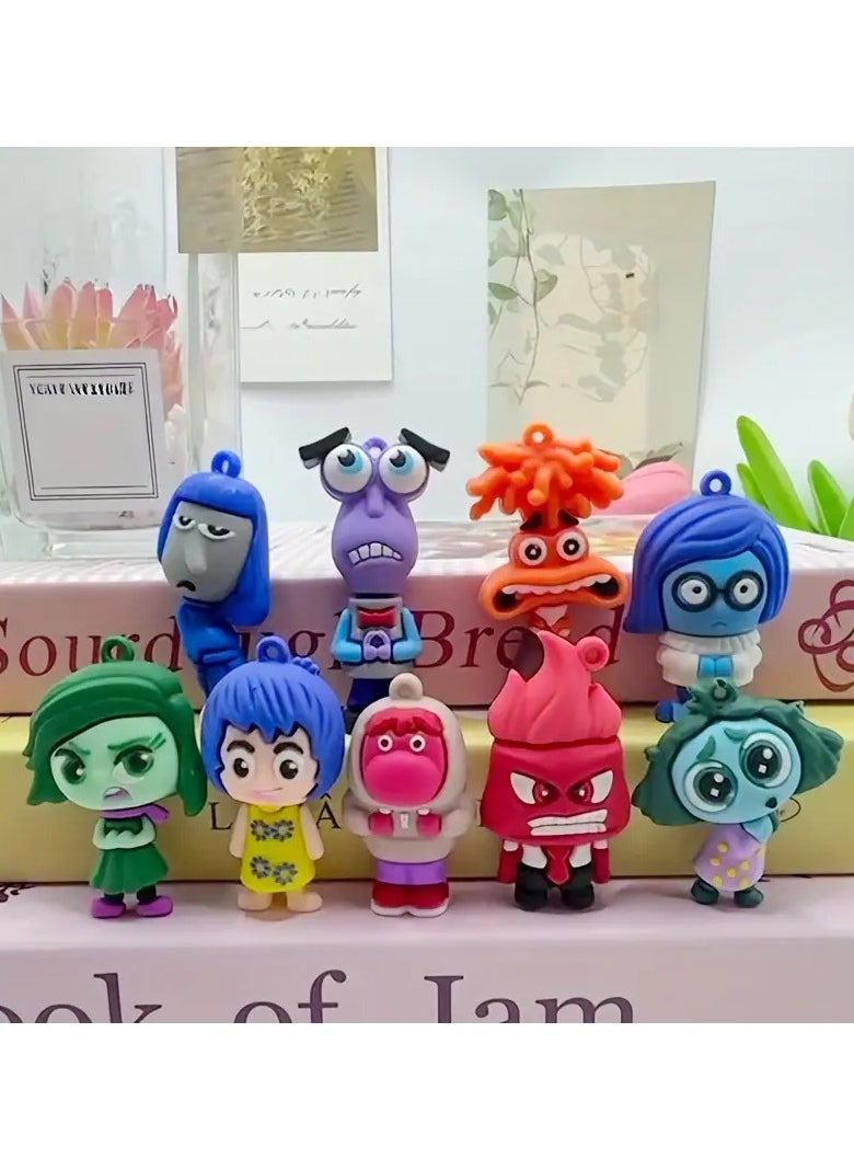 9 Assorted Inside Out Emotion Characters Silicone Set with Joy Fear Anger and Sadness Character Pendant Perfect for Collection Decoration Office or Bed Ornament Can be Used as Keychain for Home Car or Office Keys or Can be Hanged and Clipped on Bag Zippers Can be a Special Souvenir Gift for Your Loved Ones or Those Who Love the Movie Does Not Require Power and is Washable