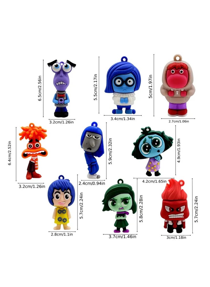9 Assorted Inside Out Emotion Characters Silicone Set with Joy Fear Anger and Sadness Character Pendant Perfect for Collection Decoration Office or Bed Ornament Can be Used as Keychain for Home Car or Office Keys or Can be Hanged and Clipped on Bag Zippers Can be a Special Souvenir Gift for Your Loved Ones or Those Who Love the Movie Does Not Require Power and is Washable