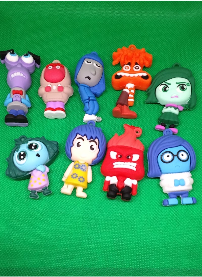 9 Assorted Inside Out Emotion Characters Silicone Set with Joy Fear Anger and Sadness Character Pendant Perfect for Collection Decoration Office or Bed Ornament Can be Used as Keychain for Home Car or Office Keys or Can be Hanged and Clipped on Bag Zippers Can be a Special Souvenir Gift for Your Loved Ones or Those Who Love the Movie Does Not Require Power and is Washable
