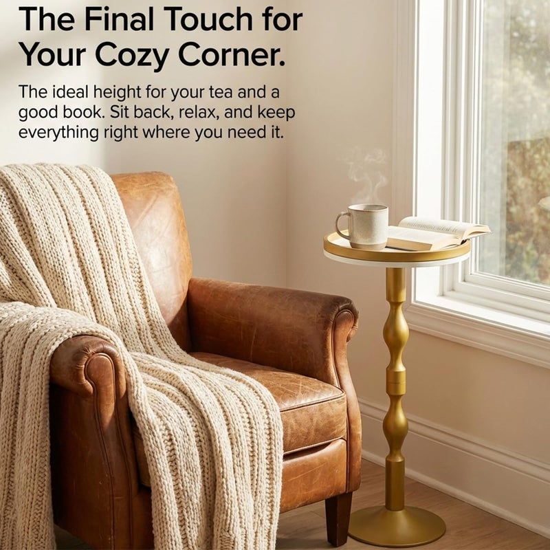 ZEXVIDA Small Round Gold Side Table,Drink Table with Weighted Base,Modern White & Gold Pedestal End Table with Tray Top Edge for Small Spaces, Living Room, Next to Sofa,27 "Tall - Image 2