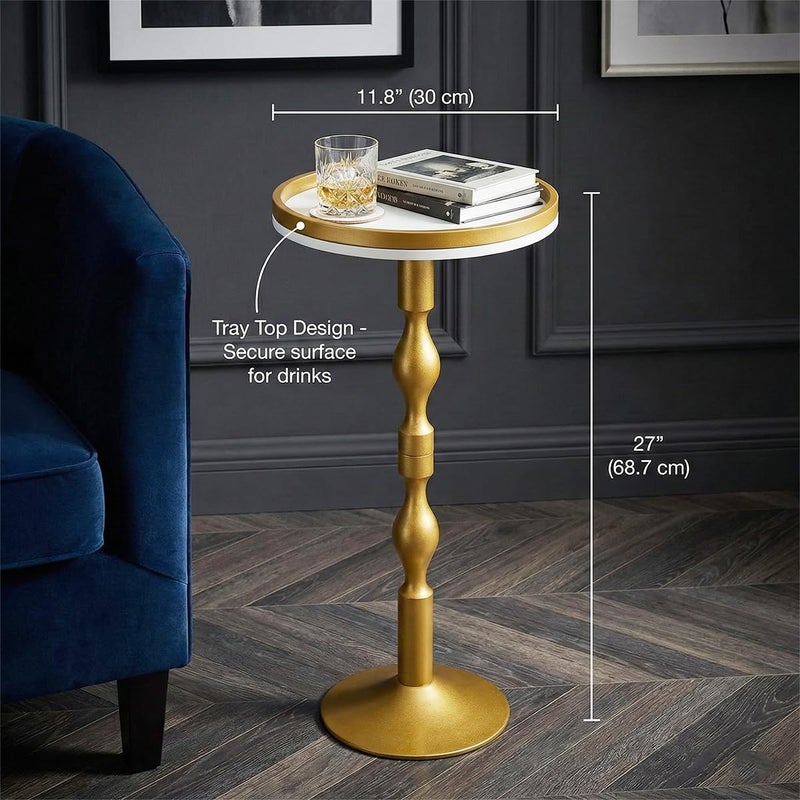 ZEXVIDA Small Round Gold Side Table,Drink Table with Weighted Base,Modern White & Gold Pedestal End Table with Tray Top Edge for Small Spaces, Living Room, Next to Sofa,27 "Tall - Image 4