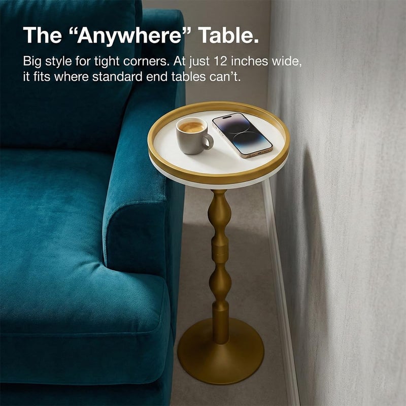 ZEXVIDA Small Round Gold Side Table,Drink Table with Weighted Base,Modern White & Gold Pedestal End Table with Tray Top Edge for Small Spaces, Living Room, Next to Sofa,27 "Tall - Image 3