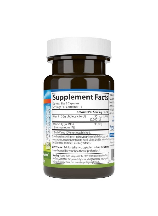 Carlson كارلسون - فيتامين د3 + ك2، 50 ميكروغرام (2000 وحدة دولية) فيتامين د3 و 90 ميكروغرام فيتامين ك2 على شكل MK7، دعم العظام، امتصاص الكالسيوم، 30 كبسولة - Image 2