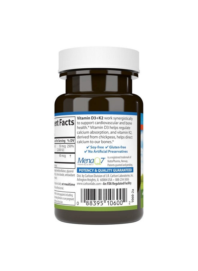 Carlson كارلسون - فيتامين د3 + ك2، 50 ميكروغرام (2000 وحدة دولية) فيتامين د3 و 90 ميكروغرام فيتامين ك2 على شكل MK7، دعم العظام، امتصاص الكالسيوم، 30 كبسولة - Image 3