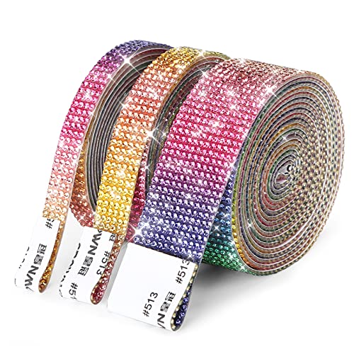 SNILOAW 3 Rolls 6.6 Yards Self Adhesive Crystal Rhinestone Diamond Ribbon,DIY Rhinestone Tapes with 2 mm Rhinestones for Arts Crafts,DIY Event Car Phone Wedding Decoration(Rainbow Color) - Image 1