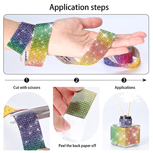 SNILOAW 3 Rolls 6.6 Yards Self Adhesive Crystal Rhinestone Diamond Ribbon,DIY Rhinestone Tapes with 2 mm Rhinestones for Arts Crafts,DIY Event Car Phone Wedding Decoration(Rainbow Color) - Image 5