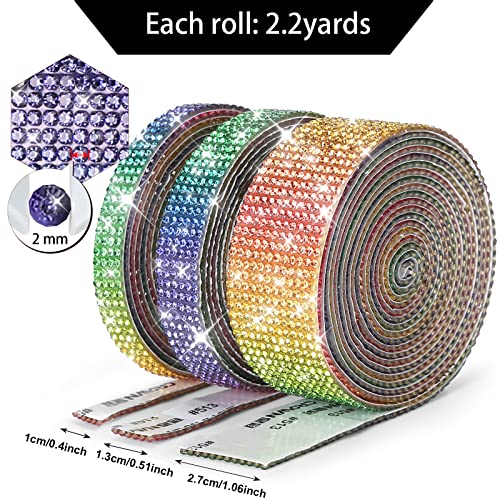 SNILOAW 3 Rolls 6.6 Yards Self Adhesive Crystal Rhinestone Diamond Ribbon,DIY Rhinestone Tapes with 2 mm Rhinestones for Arts Crafts,DIY Event Car Phone Wedding Decoration(Rainbow Color) - Image 4