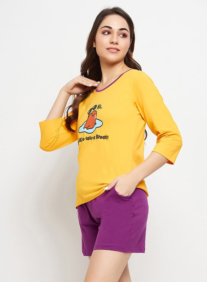 Clovia Graphic & Text Print Top in Yellow & Chic Basic Shorts in Purple - 100% Cotton - Image 4