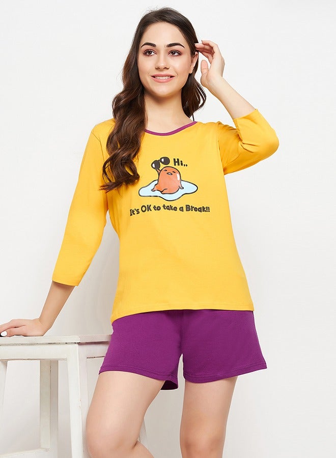 Clovia Graphic & Text Print Top in Yellow & Chic Basic Shorts in Purple - 100% Cotton - Image 2