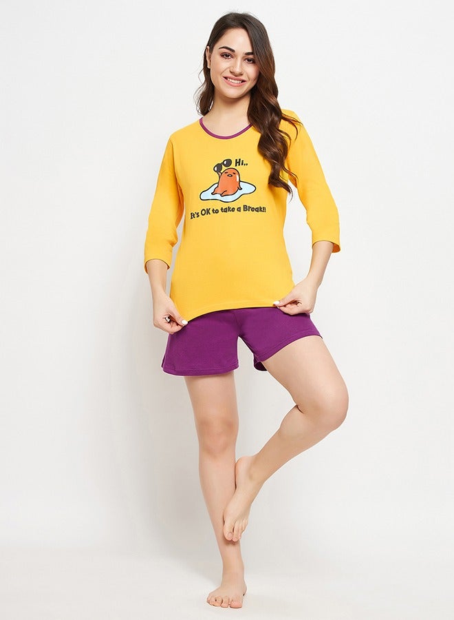Clovia Graphic & Text Print Top in Yellow & Chic Basic Shorts in Purple - 100% Cotton - Image 1