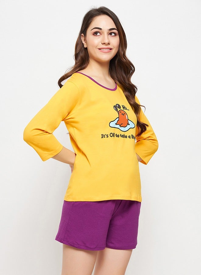Clovia Graphic & Text Print Top in Yellow & Chic Basic Shorts in Purple - 100% Cotton - Image 5