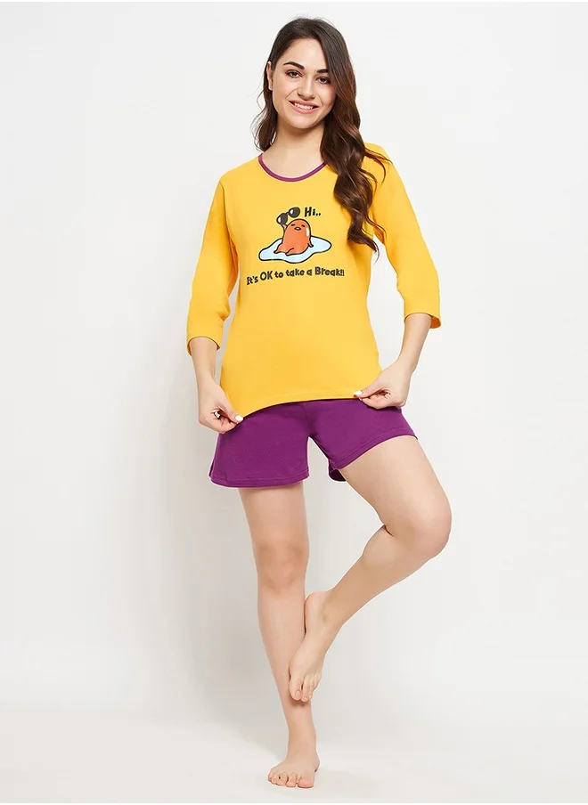 كلوفيا Clovia Graphic & Text Print Top in Yellow & Chic Basic Shorts in Purple - 100% Cotton