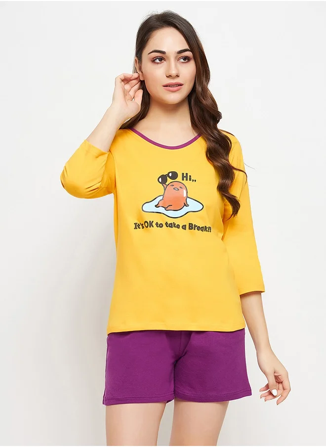 كلوفيا Clovia Graphic & Text Print Top in Yellow & Chic Basic Shorts in Purple - 100% Cotton