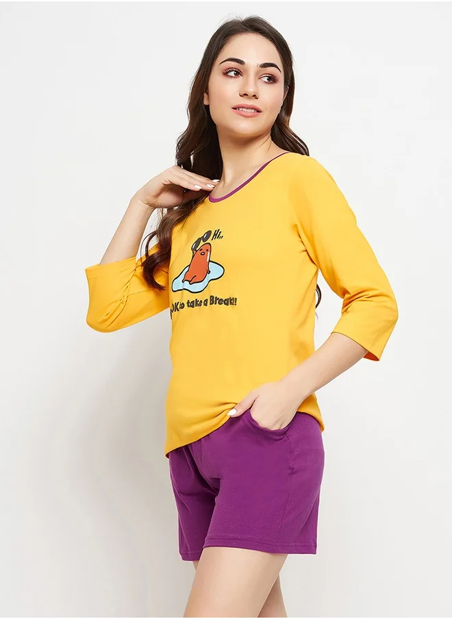 كلوفيا Clovia Graphic & Text Print Top in Yellow & Chic Basic Shorts in Purple - 100% Cotton