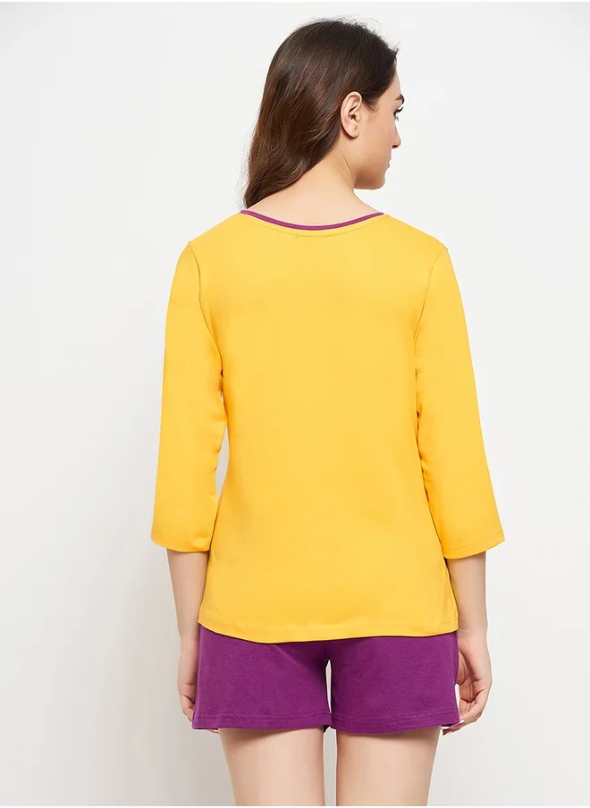 كلوفيا Clovia Graphic & Text Print Top in Yellow & Chic Basic Shorts in Purple - 100% Cotton