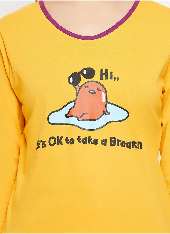 كلوفيا Clovia Graphic & Text Print Top in Yellow & Chic Basic Shorts in Purple - 100% Cotton