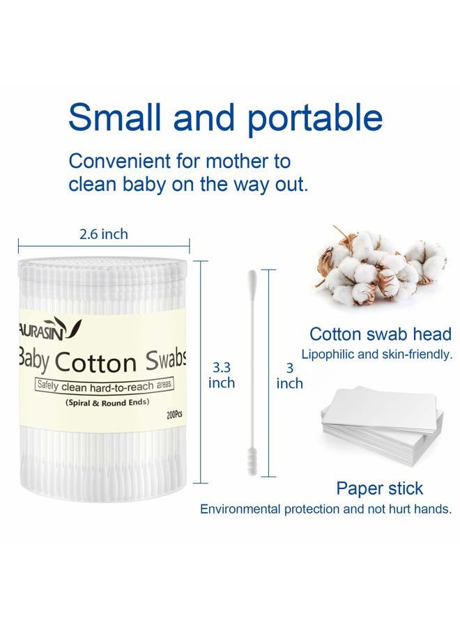 Aurasin Baby Cotton Swabs, Paper Sticks Cotton Buds for Baby Ear Nose Clean-200Pcs(Spiral & Round) - Image 5