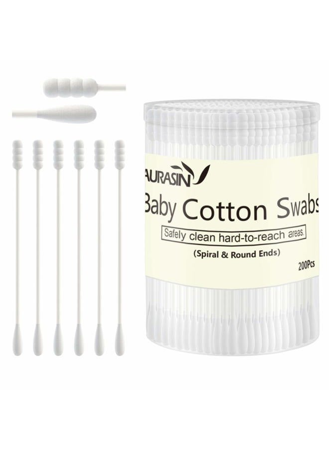 Aurasin Baby Cotton Swabs, Paper Sticks Cotton Buds for Baby Ear Nose Clean-200Pcs(Spiral & Round) - Image 1