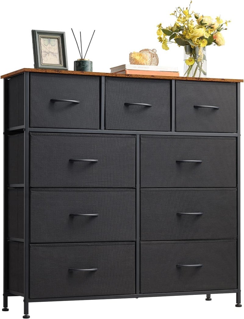 SKY-TOUCH Storage Cabinet : Bedroom Dresser with 9 Drawers Wide Storage Chest with Removable Fabric Bins Storage Organizer Unit for Living Room Entryway Hallway Nursery Kids Room Black - Image 1