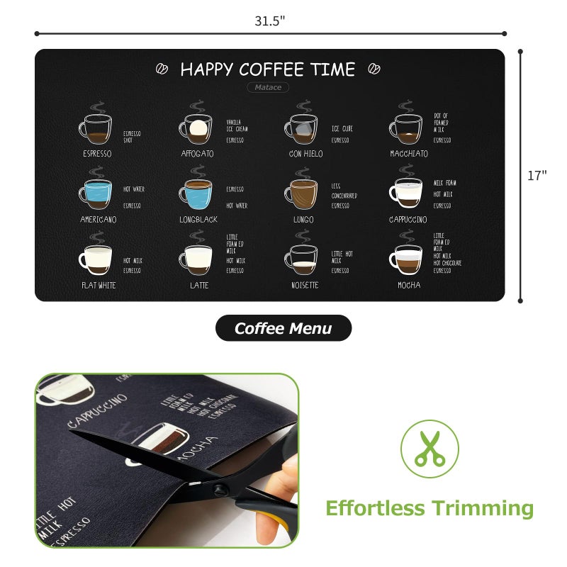 Matace Designer Coffee Bar Mat, Extra Large 17 x 31.5 Inches, Rubber Backing, Absorbent Coffee Maker Mats for Dish Drying, Kitchen Countertop, Coffee Flavor Menu, Black - Image 2