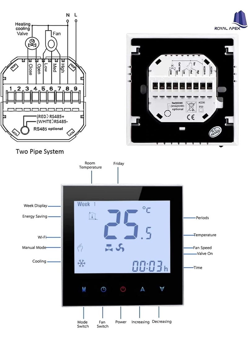 melfi Wifi Programmable Room AC Smart Thermostat | Energy Saving FCU Central Air Conditioner Touch Controller 95-240VAC with Alexa Echo Google Home IFTTT Support (Black with Silver Frame) - Image 2