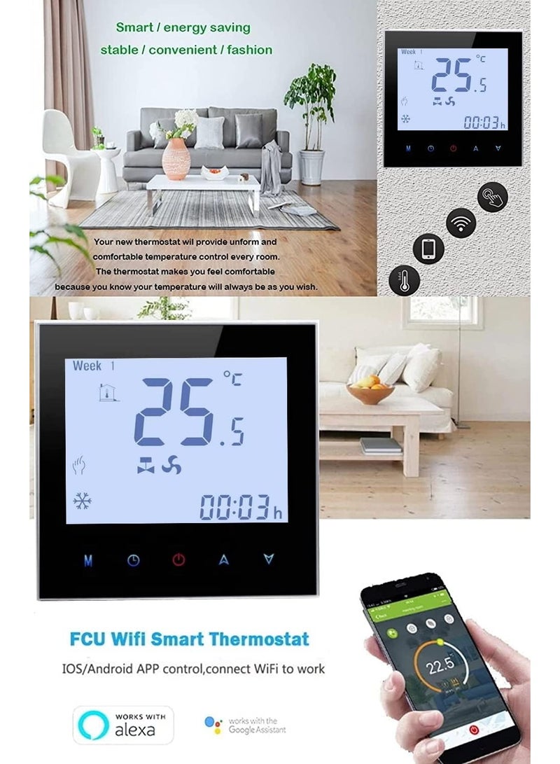 melfi Wifi Programmable Room AC Smart Thermostat | Energy Saving FCU Central Air Conditioner Touch Controller 95-240VAC with Alexa Echo Google Home IFTTT Support (Black with Silver Frame) - Image 3