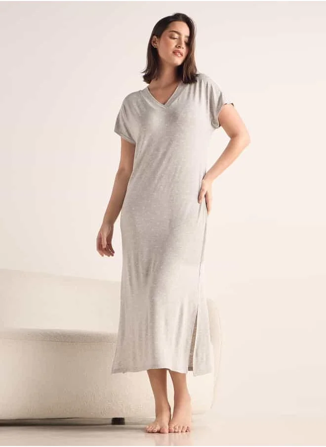 فاف All-Over Print Night Dress with V-neck and Short Sleeves