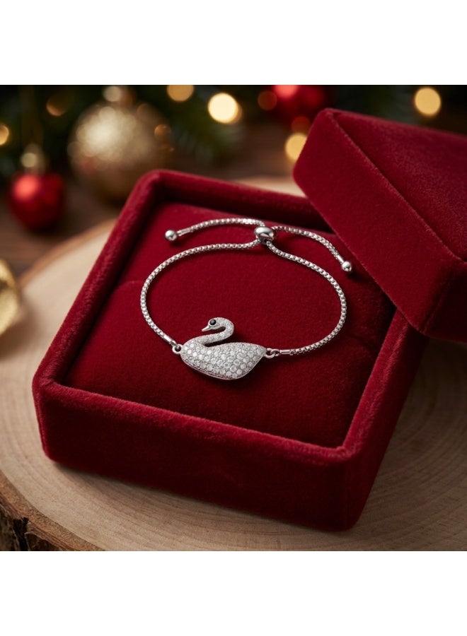 Julia Store 18K White Gold Plated Stainless Steel Aesthetic Exquisite Luxury Elegant Dainty Cute Trendy Simple Adjustable Open Charm Love Austrian Design Elegance Iconic White Swan Clear Crystal In Pave Pendant Bracelet - Image 2
