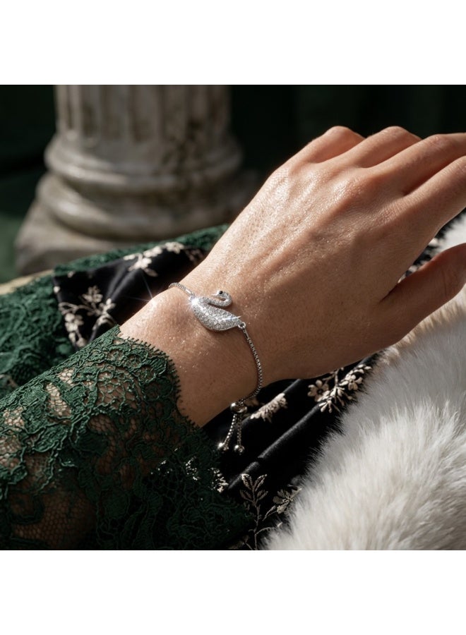Julia Store 18K White Gold Plated Stainless Steel Aesthetic Exquisite Luxury Elegant Dainty Cute Trendy Simple Adjustable Open Charm Love Austrian Design Elegance Iconic White Swan Clear Crystal In Pave Pendant Bracelet - Image 3