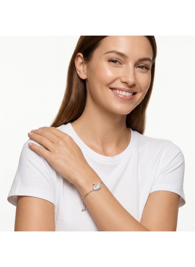 Julia Store 18K White Gold Plated Stainless Steel Aesthetic Exquisite Luxury Elegant Dainty Cute Trendy Simple Adjustable Open Charm Love Austrian Design Elegance Iconic White Swan Clear Crystal In Pave Pendant Bracelet - Image 5