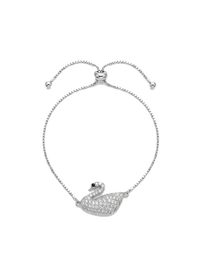Julia Store 18K White Gold Plated Stainless Steel Aesthetic Exquisite Luxury Elegant Dainty Cute Trendy Simple Adjustable Open Charm Love Austrian Design Elegance Iconic White Swan Clear Crystal In Pave Pendant Bracelet - Image 1