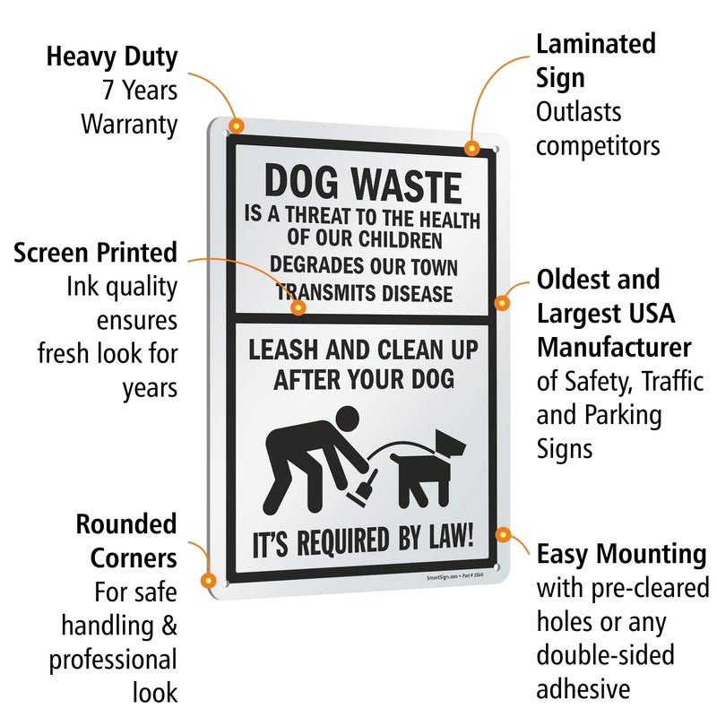 SmartSign 14 x 10 inch â€œDog Waste Is A Threat - Leash And Clean Up After Your Dogâ€ Metal Sign, 40 mil Laminated Rustproof Aluminum, Black and White, Made in USA - Image 4