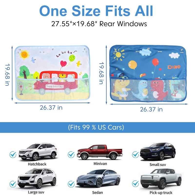 Zebrabox 2 Pack Baby Car Sun Shade Side Window (26.8"Ã—19.7"),Dinosaur/Animal Cartoon, Strong Suction Cups UV Heat Protection Sun Block Covers - Image 2