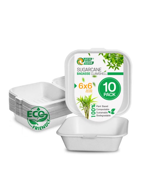EcoEdge 6 Inch Square White Clamshell (Pack of 10) | Disposable Take Out Food Containers Made from Sugarcane Pulp | Microwave and Freezer Friendly | Natural, Non-Toxic and BPA Free | 100% Compostable