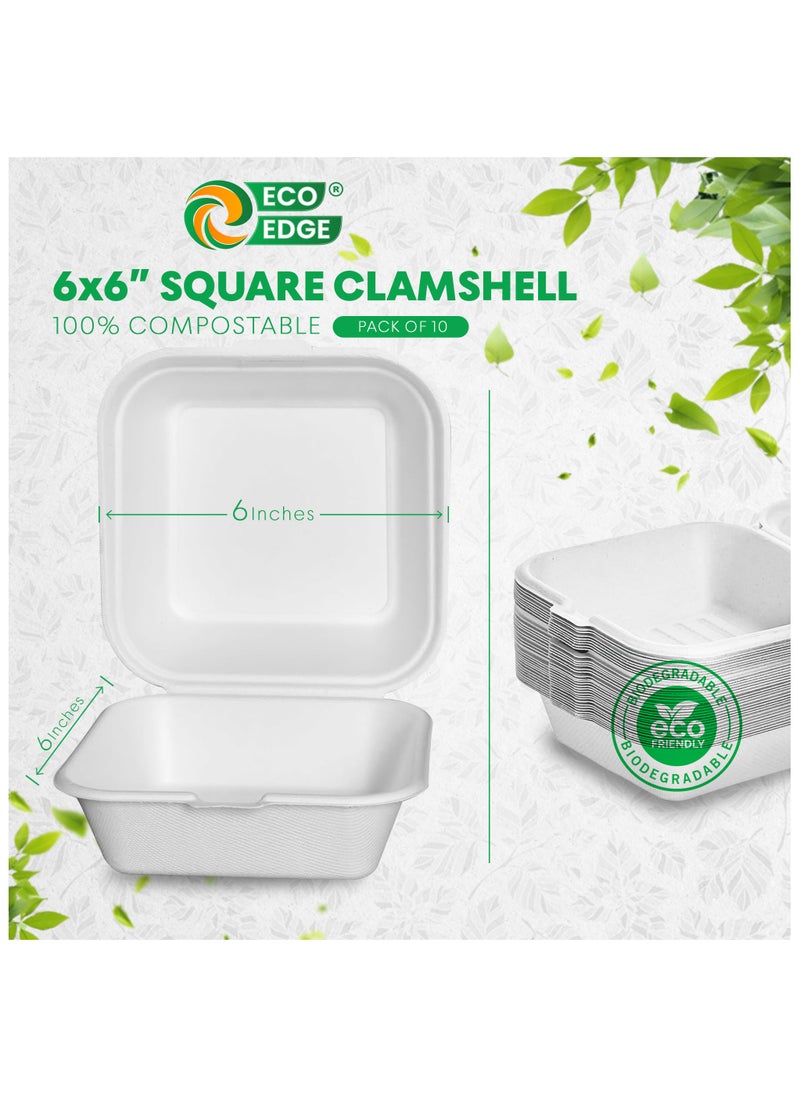 EcoEdge 6 Inch Square White Clamshell (Pack of 10) | Disposable Take Out Food Containers Made from Sugarcane Pulp | Microwave and Freezer Friendly | Natural, Non-Toxic and BPA Free | 100% Compostable