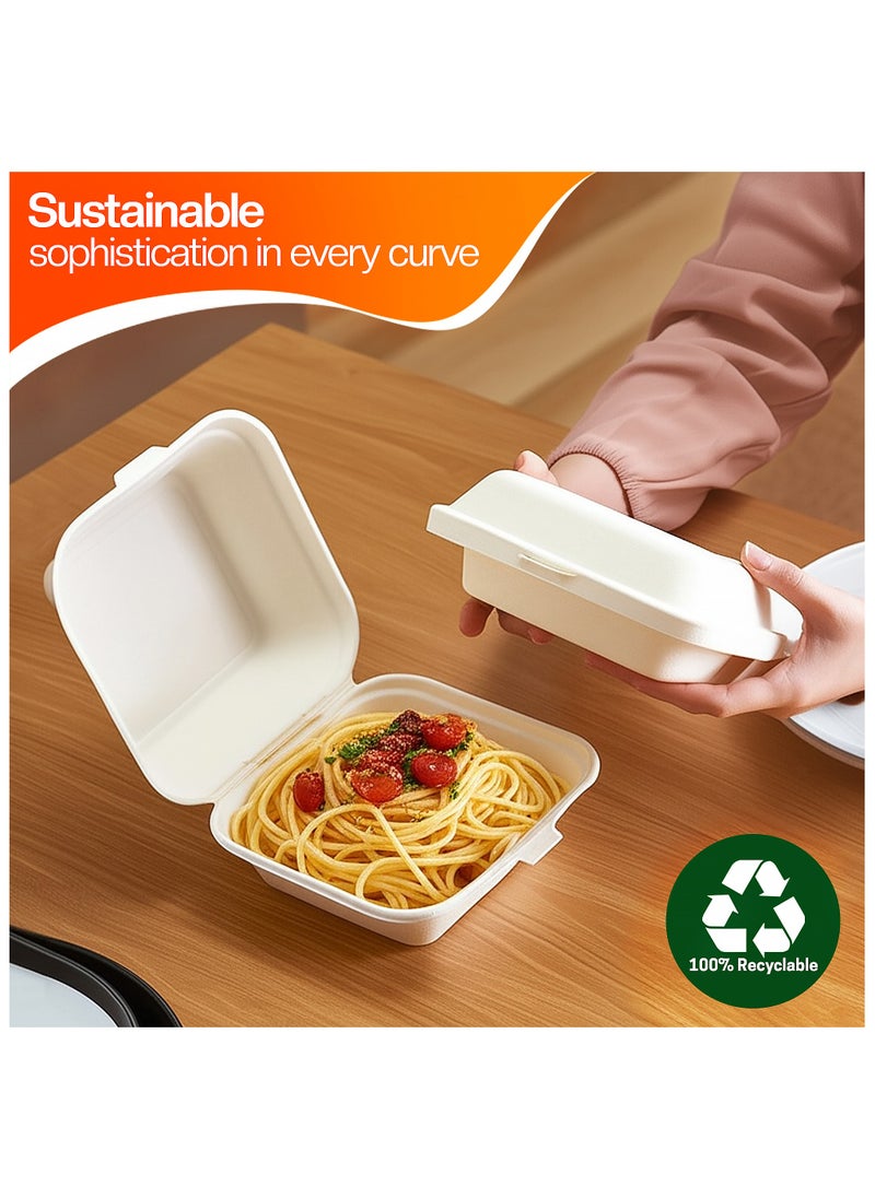 EcoEdge 6 Inch Square White Clamshell (Pack of 10) | Disposable Take Out Food Containers Made from Sugarcane Pulp | Microwave and Freezer Friendly | Natural, Non-Toxic and BPA Free | 100% Compostable