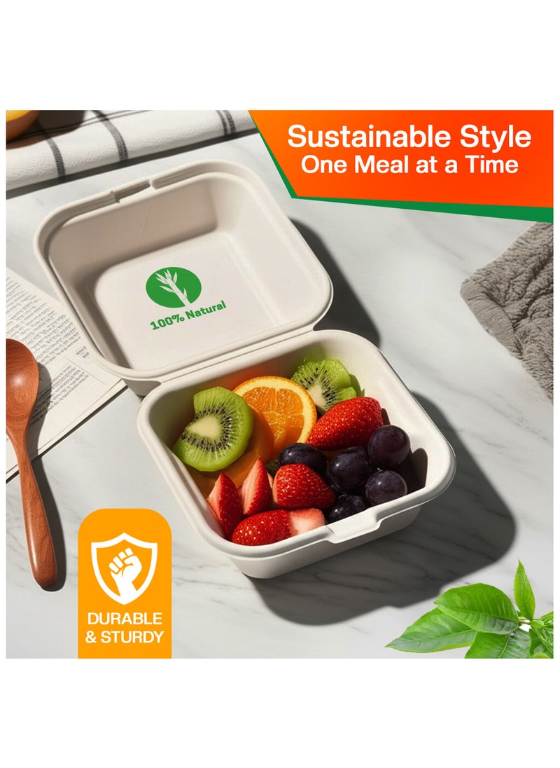 EcoEdge 6 Inch Square White Clamshell (Pack of 10) | Disposable Take Out Food Containers Made from Sugarcane Pulp | Microwave and Freezer Friendly | Natural, Non-Toxic and BPA Free | 100% Compostable