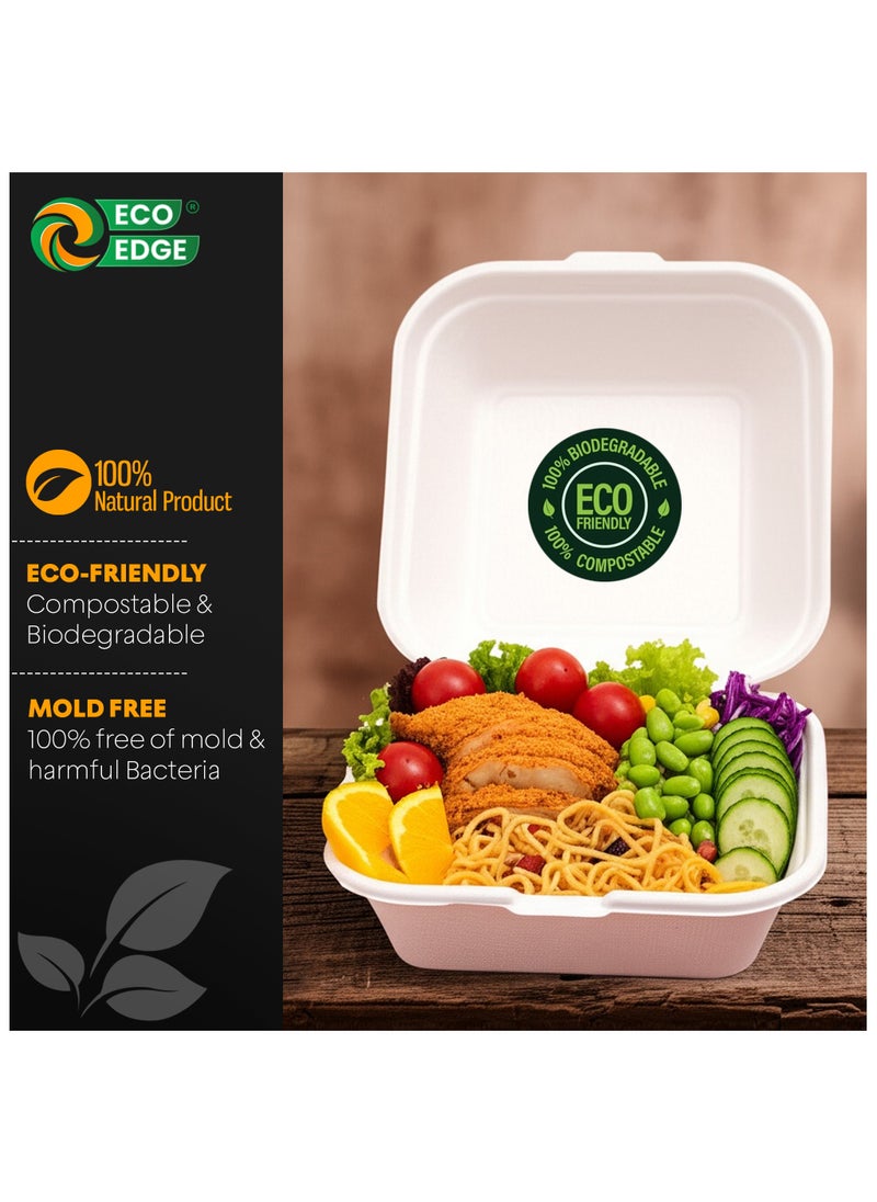 EcoEdge 6 Inch Square White Clamshell (Pack of 10) | Disposable Take Out Food Containers Made from Sugarcane Pulp | Microwave and Freezer Friendly | Natural, Non-Toxic and BPA Free | 100% Compostable