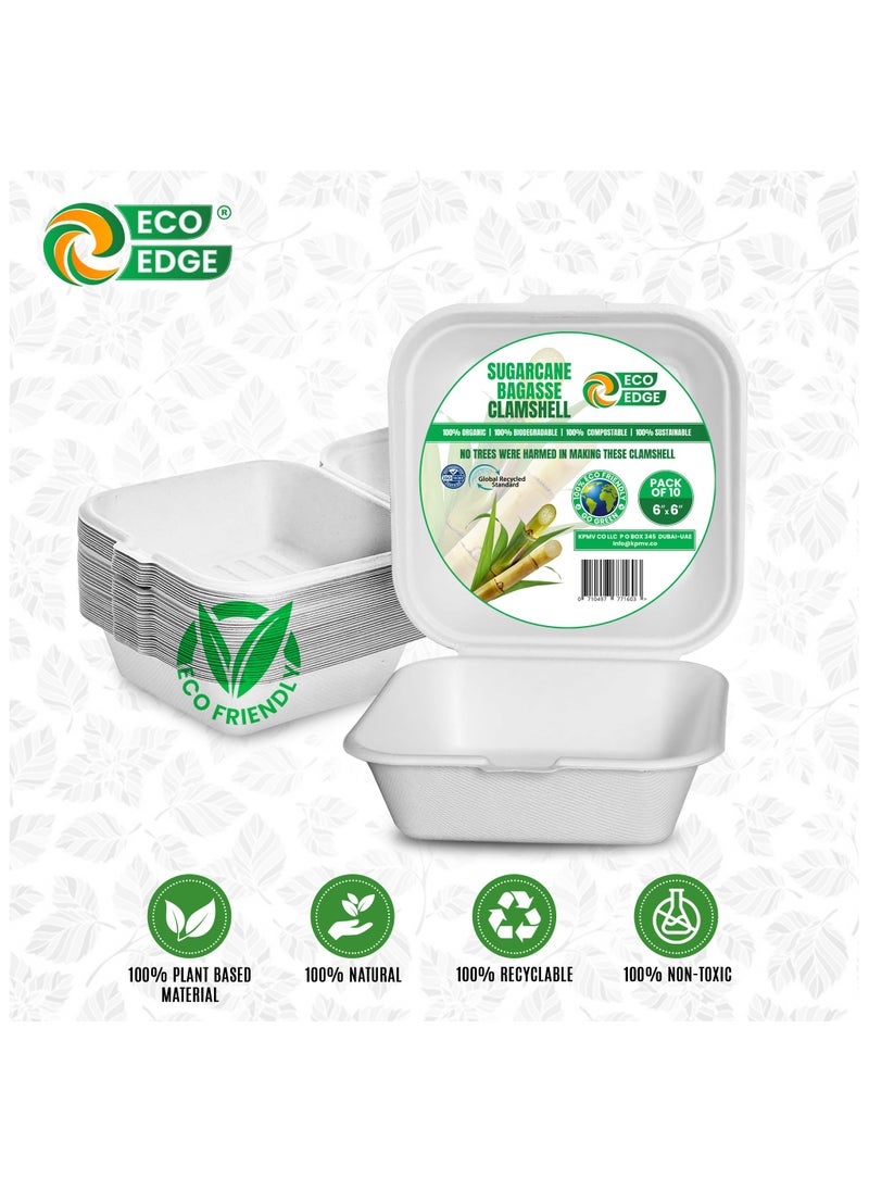 EcoEdge 6 Inch Square White Clamshell (Pack of 10) | Disposable Take Out Food Containers Made from Sugarcane Pulp | Microwave and Freezer Friendly | Natural, Non-Toxic and BPA Free | 100% Compostable