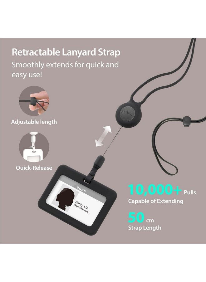 BONE - Lanyard Retractable Horizontal Badge Holder, Id Badge Holders With Slim Case, Large Capacity, Multiple Cards Slot, Interchangeable Lanyard Strap (Black - Horizontal - Basic) - Image 1