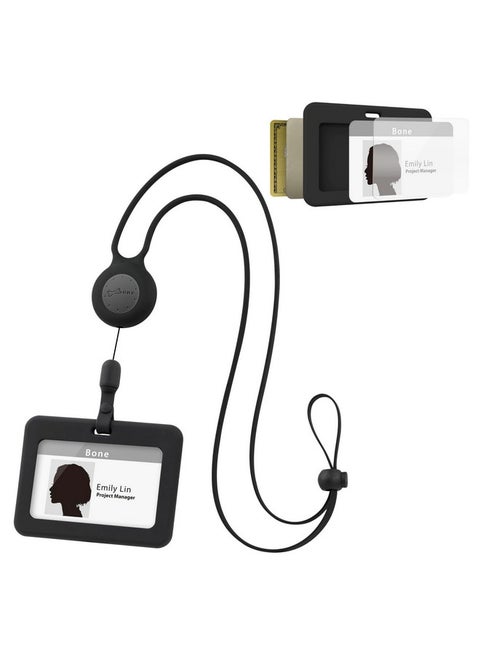 Lanyard Retractable Horizontal Badge Holder, Id Badge Holders With Slim Case, Large Capacity, Multiple Cards Slot, Interchangeable Lanyard Strap (Black - Horizontal - Basic)