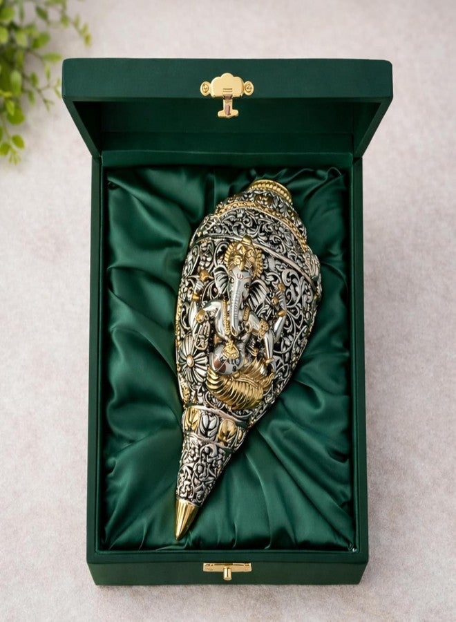 Dev Aastha 999 Pure Silver Plated & 24K Gold Plated Ganesh Shankh | Sacred 5.2 Inch Dual-Tone Conch Shell | Vastu Showpiece for Success & Wealth | Auspicious Pooja Gift. - Image 1