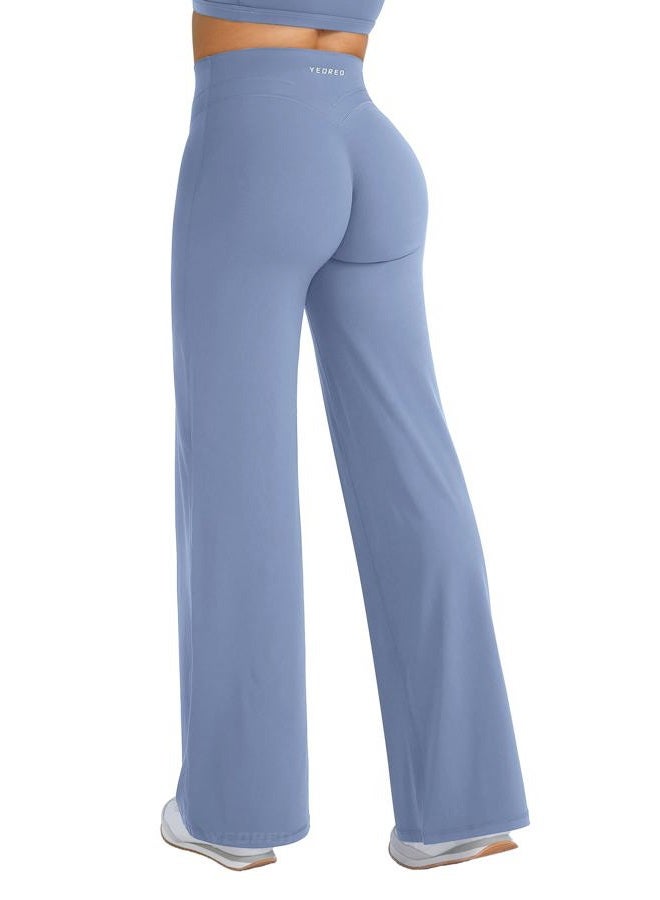 YEOREO Straight Leg Workout Leggings Hidden Scrunch High Waist Gym Pants No Front Seam Wide Leg Yoga Pants, Granite Blue, M - Image 1