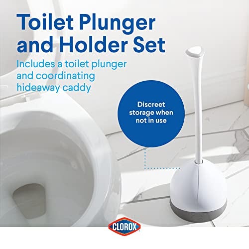 Clorox Toilet Plunger with Hideaway Holder Caddy Heavy-Duty Compact Design with Non-Skid Rubber Base for Bathroom Convenient Storage Toilet Unclogger, 6.5x19.5-Inch, White - Image 2