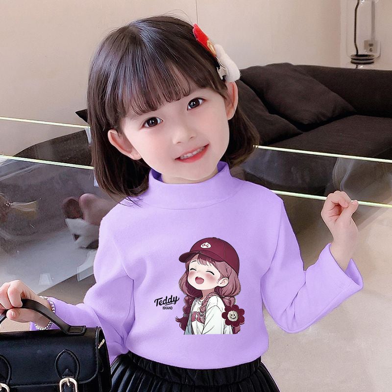 Girls' Semi-High Collar Velvet Casual Long-Sleeved T-Shirt Autumn New Arrival Medium And Large Children'S Wear Cartoon Printed Western Style Girls' Trendy T-Shirt - Image 1